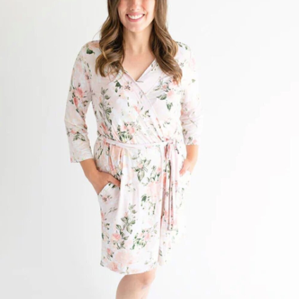 Posh Peanut Women's Bamboo Maternity Robe Vintage Pink Rose Pockets